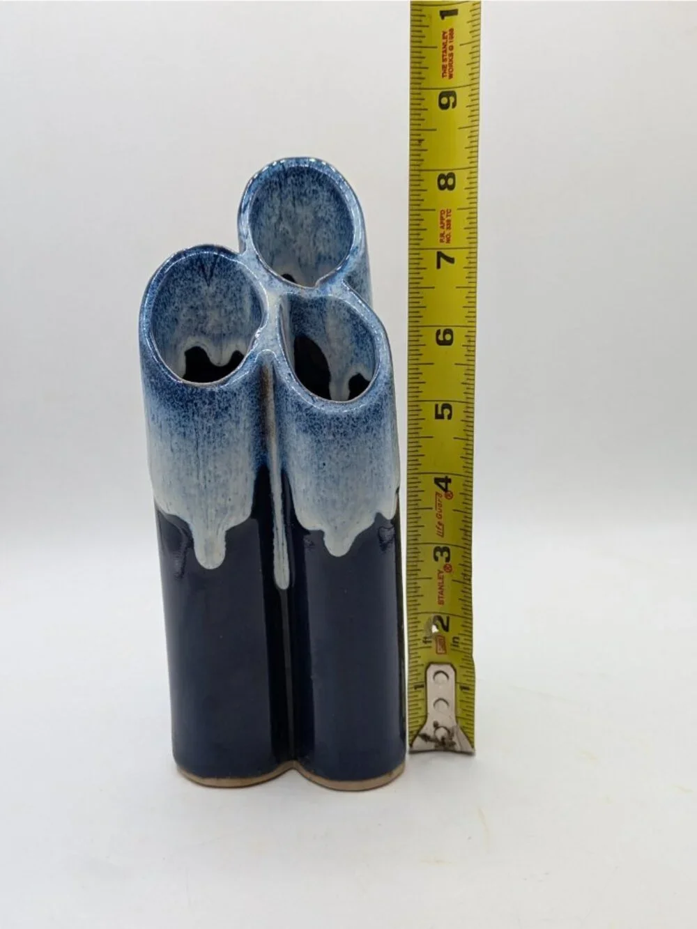 Vintage Art Pottery Triple Vase Blue Drip Glaze Handmade Signed 8.25